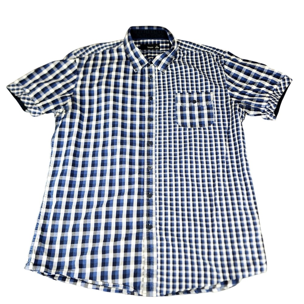 Bossini Men XXL Button Up Shirt Short‎ Sleeve Plaid Blue White Contrast Preppy